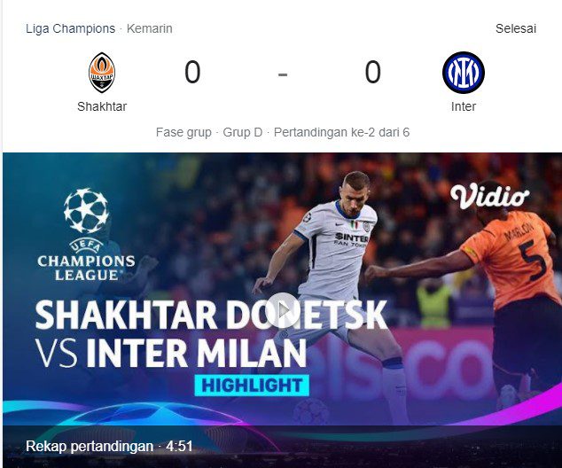 Hasil Liga Champions Grup D Shakhtar Donetsk Vs Inter Milan